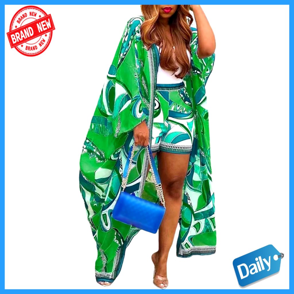 Chiffon Kimono Shorts Set, Two-Piece Summer Cover-Up, Flowy Beach Outfit